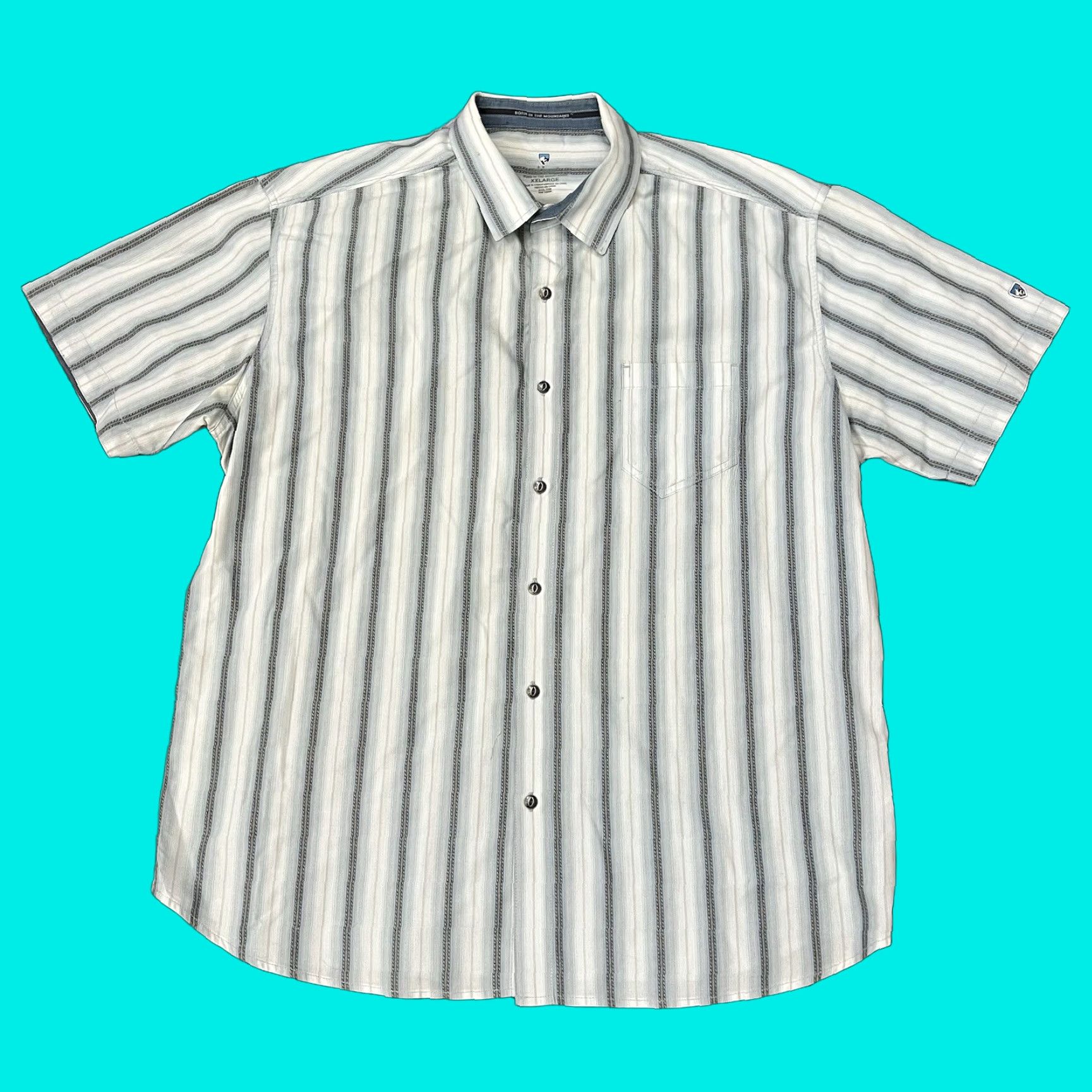 Vintage Kuhl Button Up Shirt Mens 2xl Striped White Short Sleeve Casual Outdoor Hiking Travel Camp R