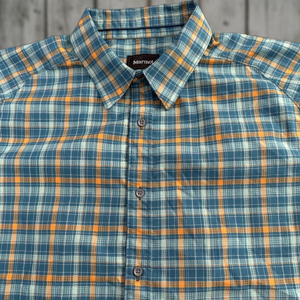 Marmot Shirt Mens Xl Teal Blue Orange Green Short Sleeve Plaid Hiking Outdoors Casual Travel