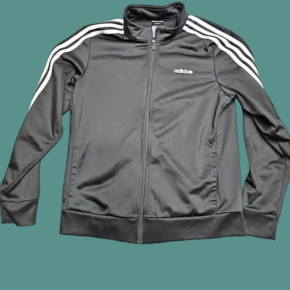 Adidas Track Jacket Men Large Black White 3 Stripe Full Zip Urban Running Top