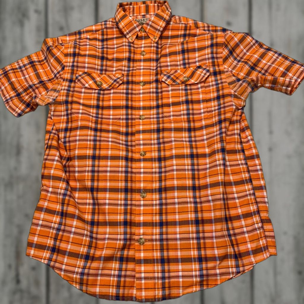 Vintage Duluth Shirt Men Medium Orange Plaid Button Up Short Sleeve Pockets Casual Travel Outdoor Fi