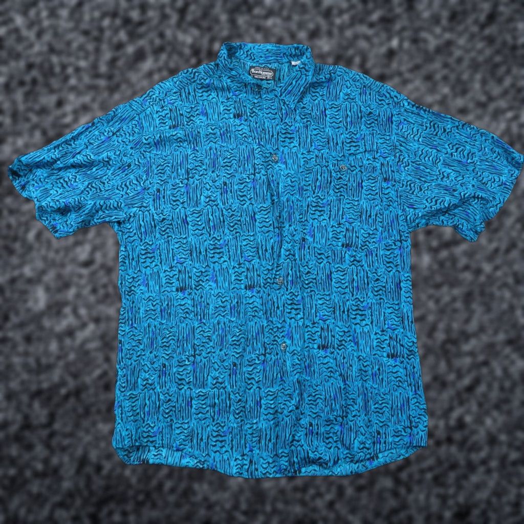 Vintage Vtg Bon Homme Shirt Men Medium 15 Blue Abstract Watercolor Crazy 70s Usa Made