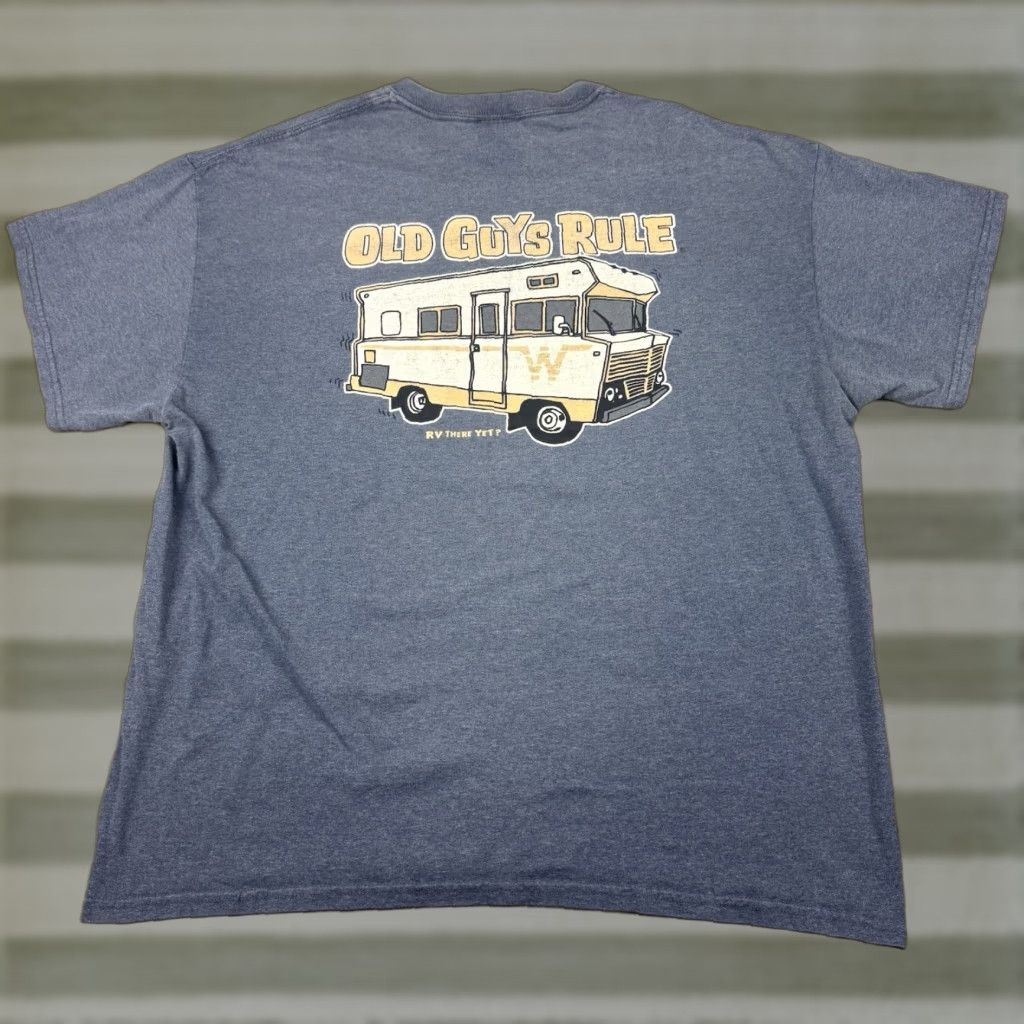 Vintage Old Guys Rule Shirt Rv There Yet Winnebago Distressed Travel Mens Xl Blue 90s Campin
